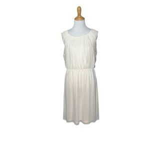 H & M Cream Beige Blouson Dress Chiffon Cream Pleated Sleeveless Lined Size 14